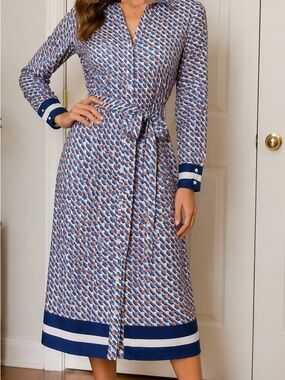 Skies Are Blue Blue, White and Rust Geo Midi Shirt Dress